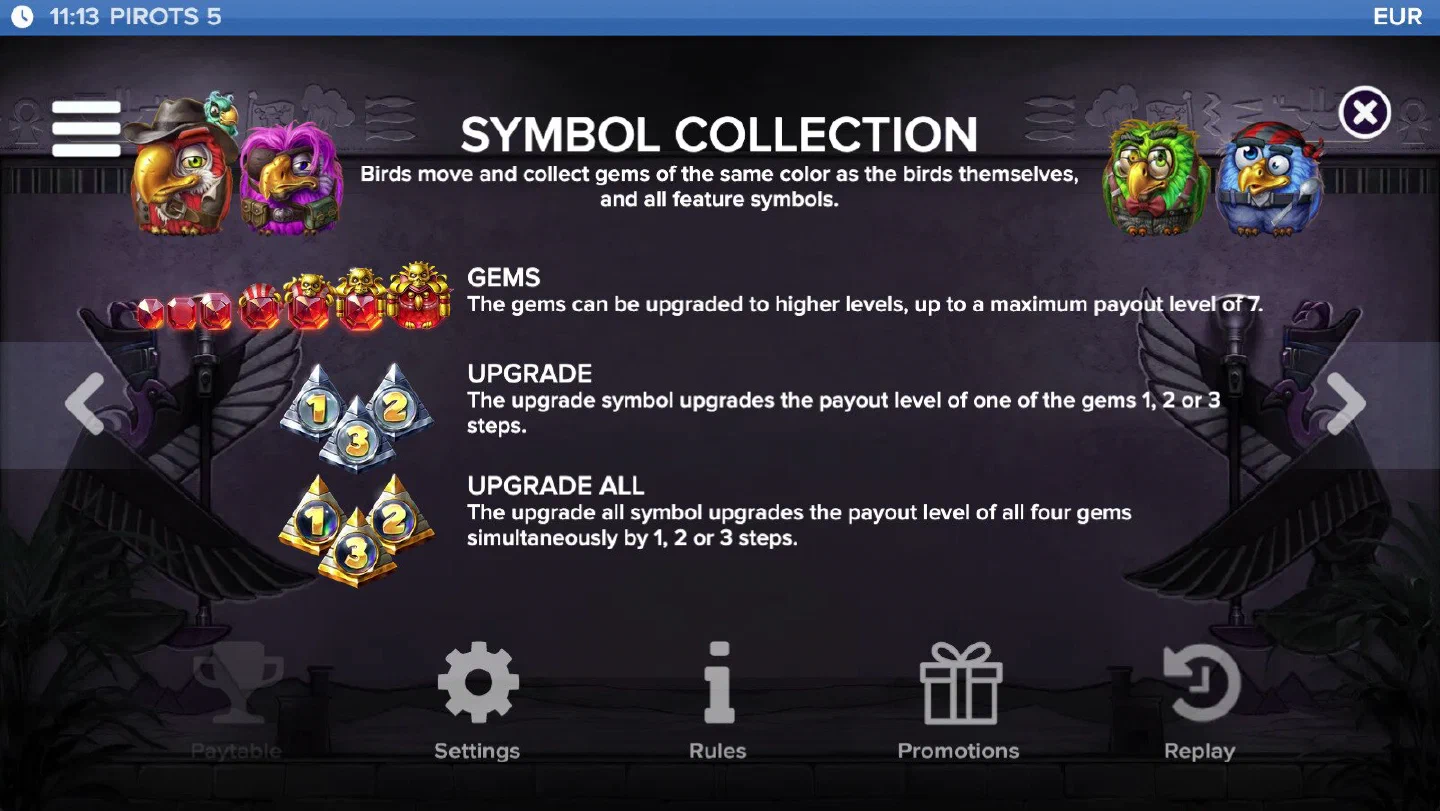 Symbol Collection-sidan i Pirots 5 med ädelstenarnas sju nivåer